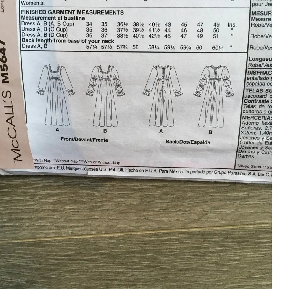 McCalls Sewing Pattern M5647 Juliet Medieval Empire Waist Gown 18W-24W UNCUT